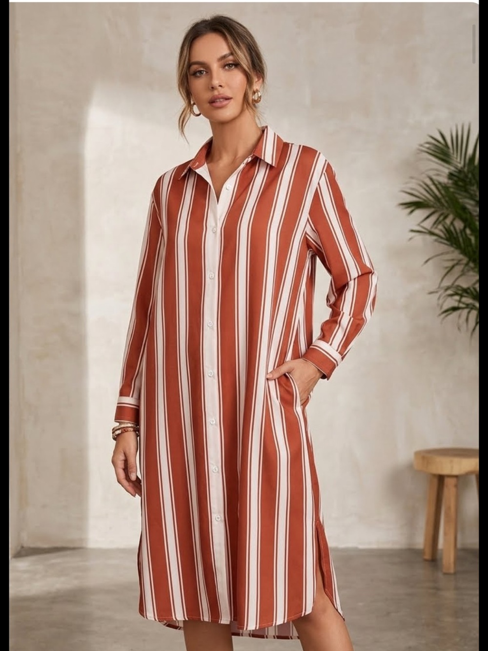 Striped Long Button-Down Shirt Dress in Rust and White PIT TO PIT 26